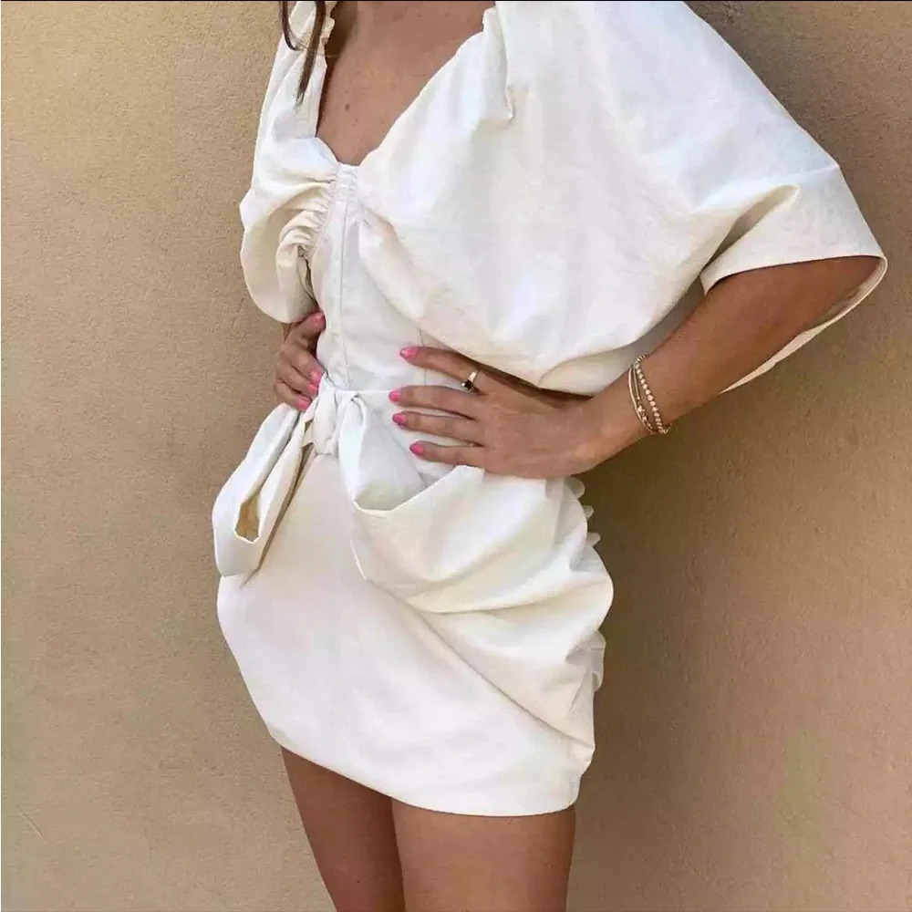 Zara Voluminous Bow Draped Bubble Mini Skirt White Size XS NWT